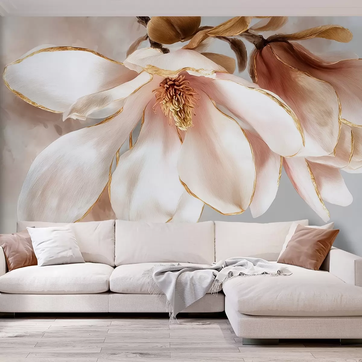 Fotobehang Bloeiende magnolia in pasteltinten w09387