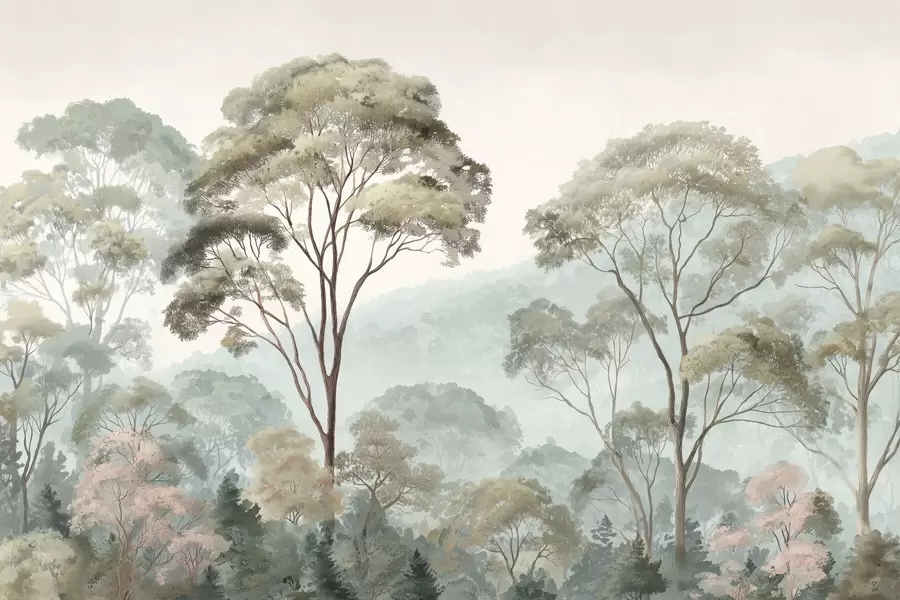 Fotobehang Mistige ochtend in het bos in aquarelstijl w09405