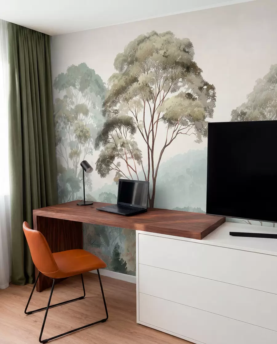 Fotobehang Mistige ochtend in het bos in aquarelstijl w09405