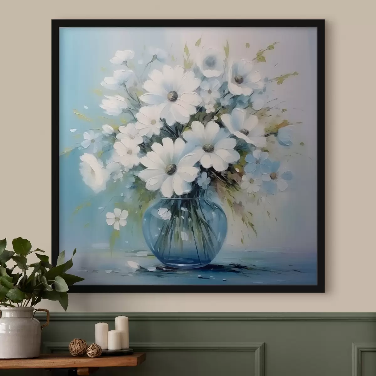 Poster Boeket madeliefjes in een blauwe vaas f45959