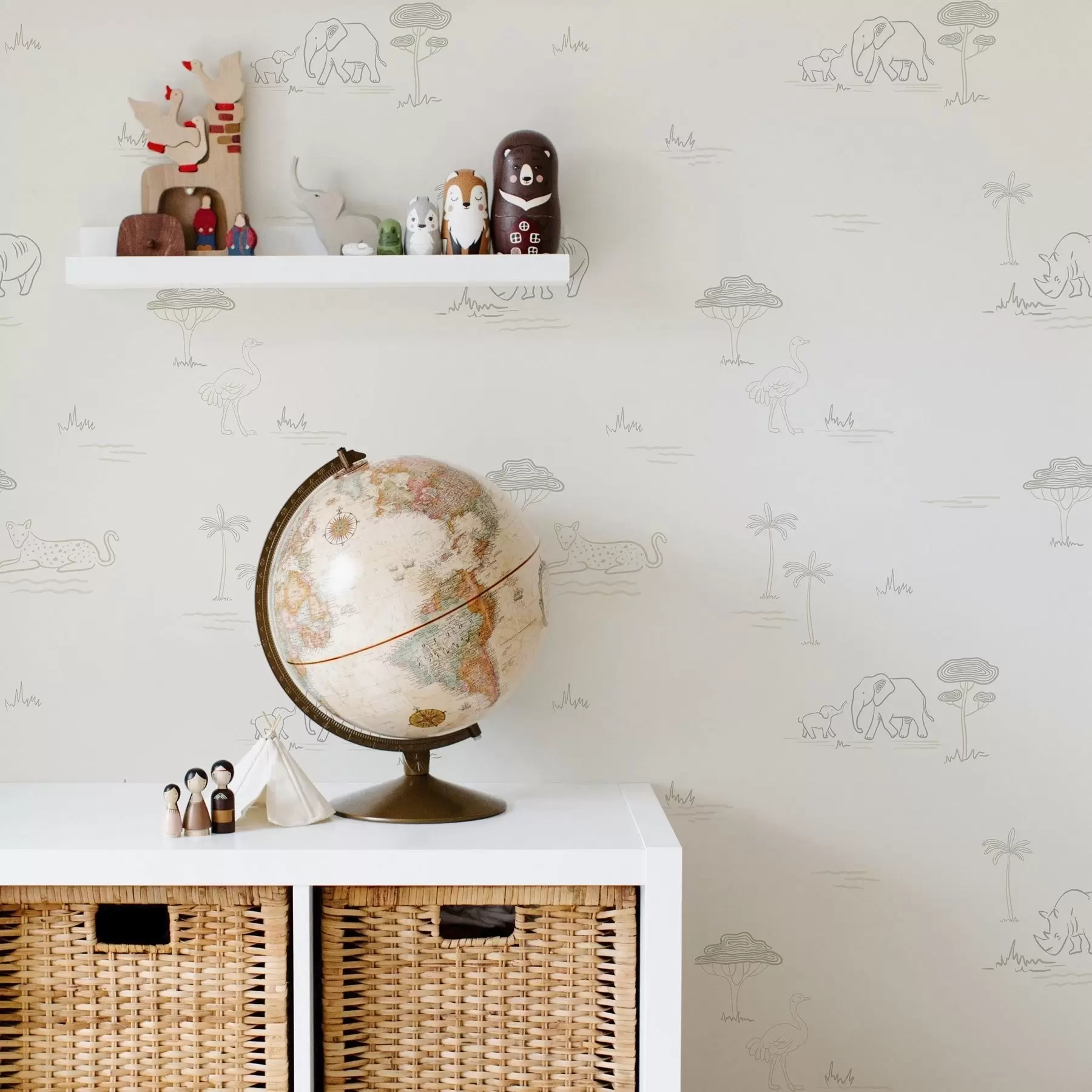 Fotobehang Minimalistische safari: olifanten, neushoorns, luipaarden en palmbomen a00492