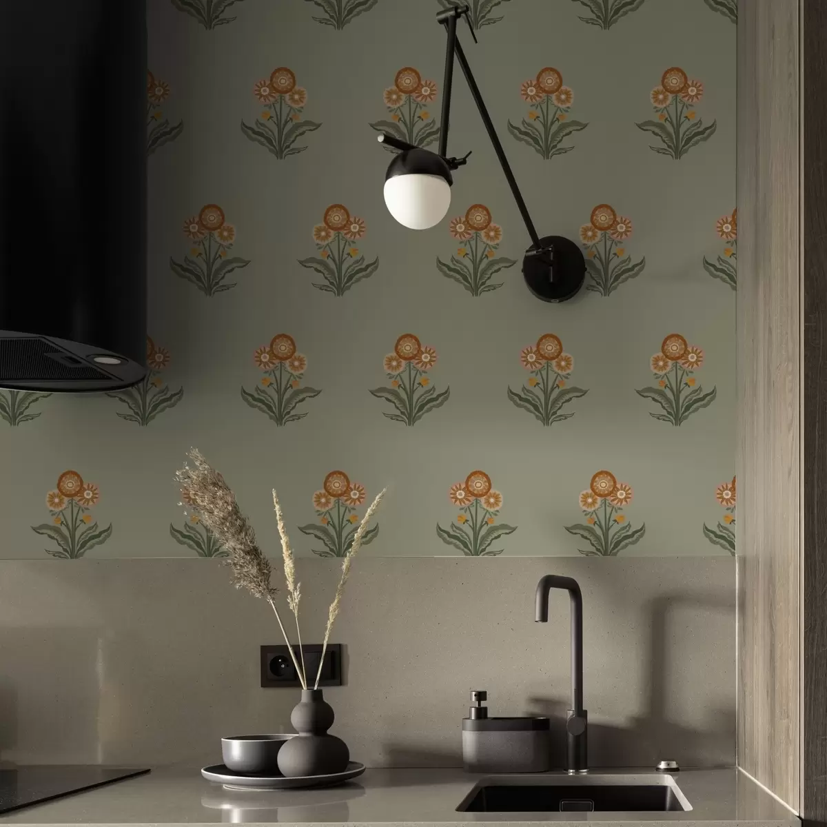 Papier peint Fleurs stylisées sur fond olive, tons chauds a00494v2