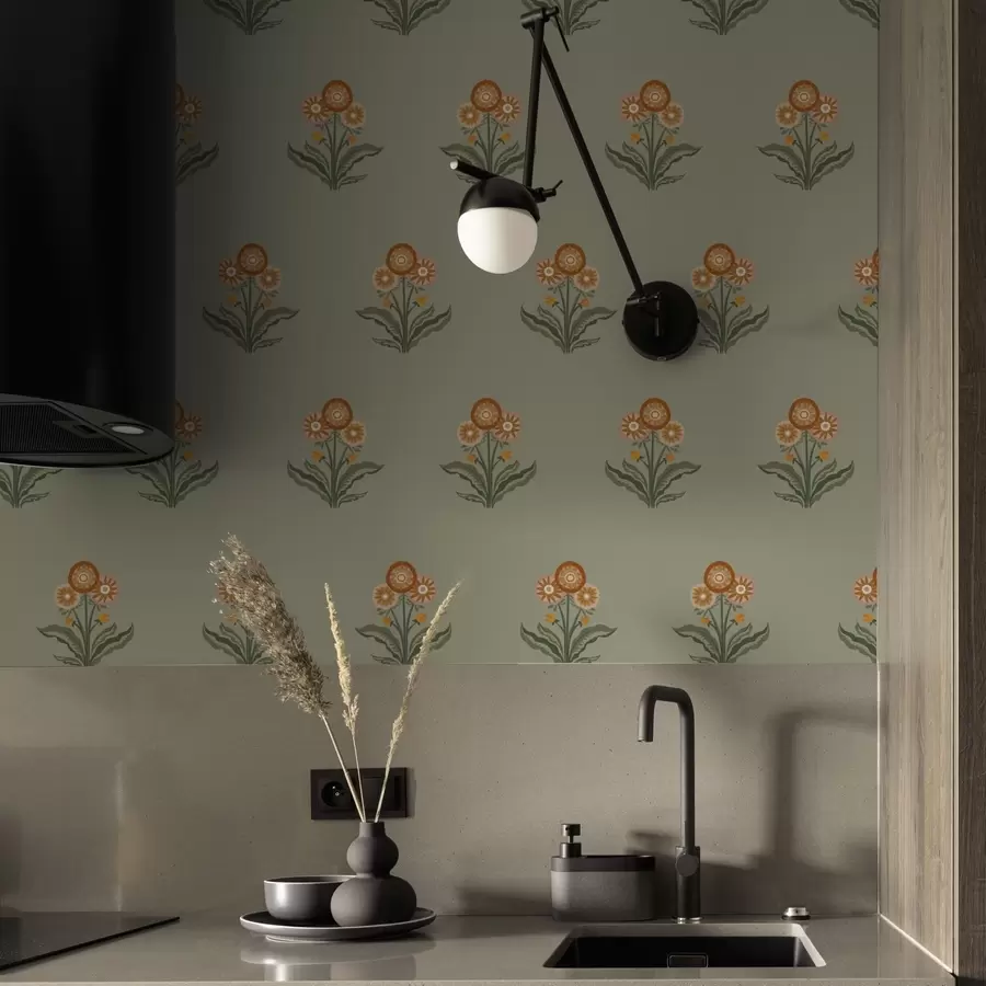 Papier peint photo Fleurs stylisées sur fond olive, tons chauds a00494v2