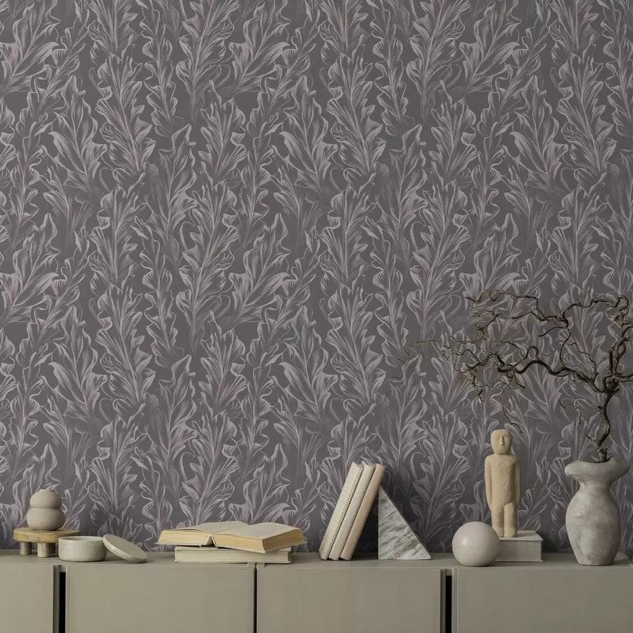 Fotobehang Golvende bladeren op een grafietkleurige achtergrond, hoog contrast a00495v1