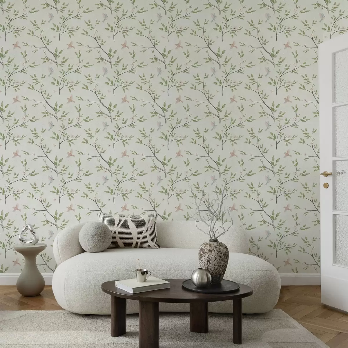 Behang Aquarel takken met bladeren en vogels op een lichte achtergrond a00496