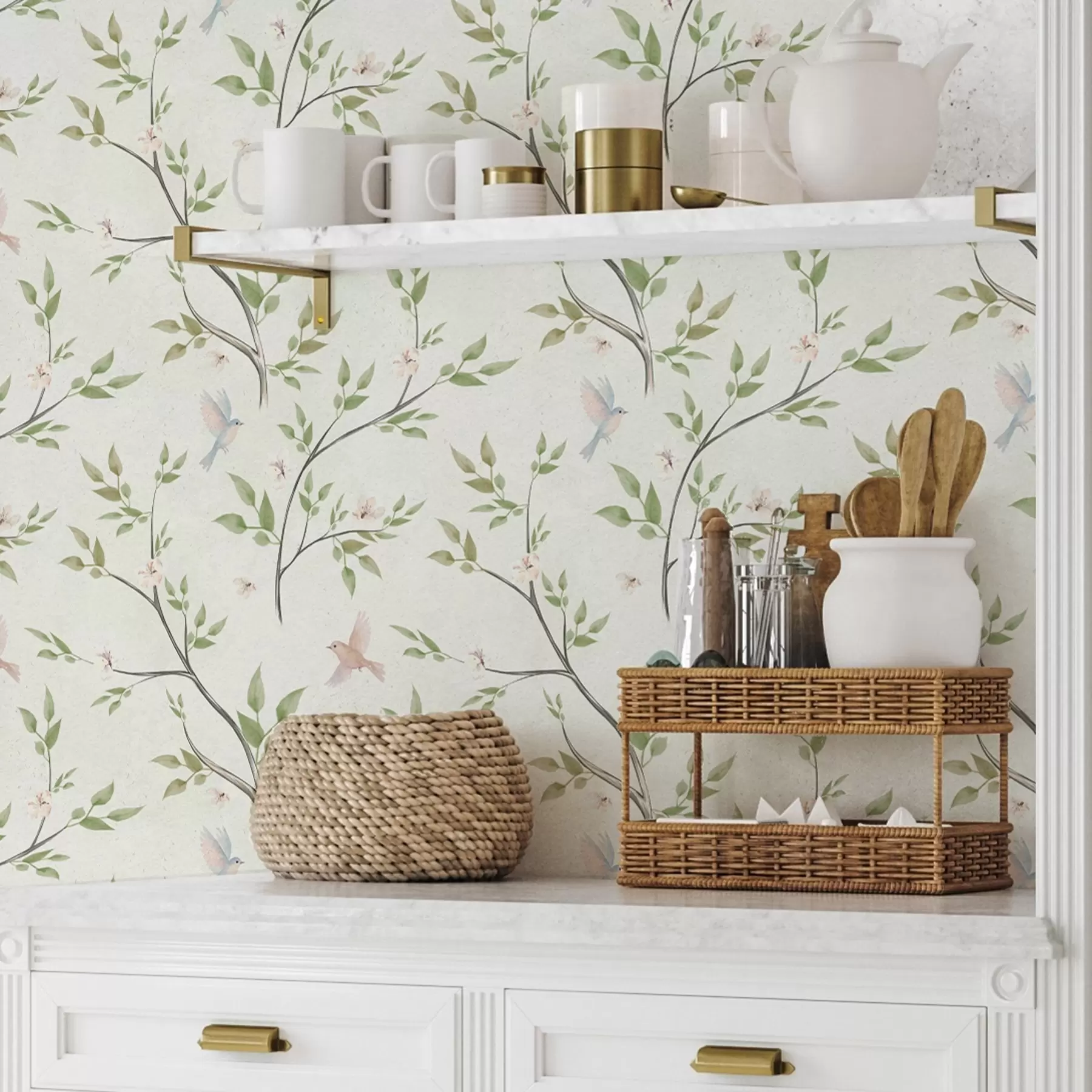 Fotobehang Aquarel takken met bladeren en vogels op een lichte achtergrond a00496