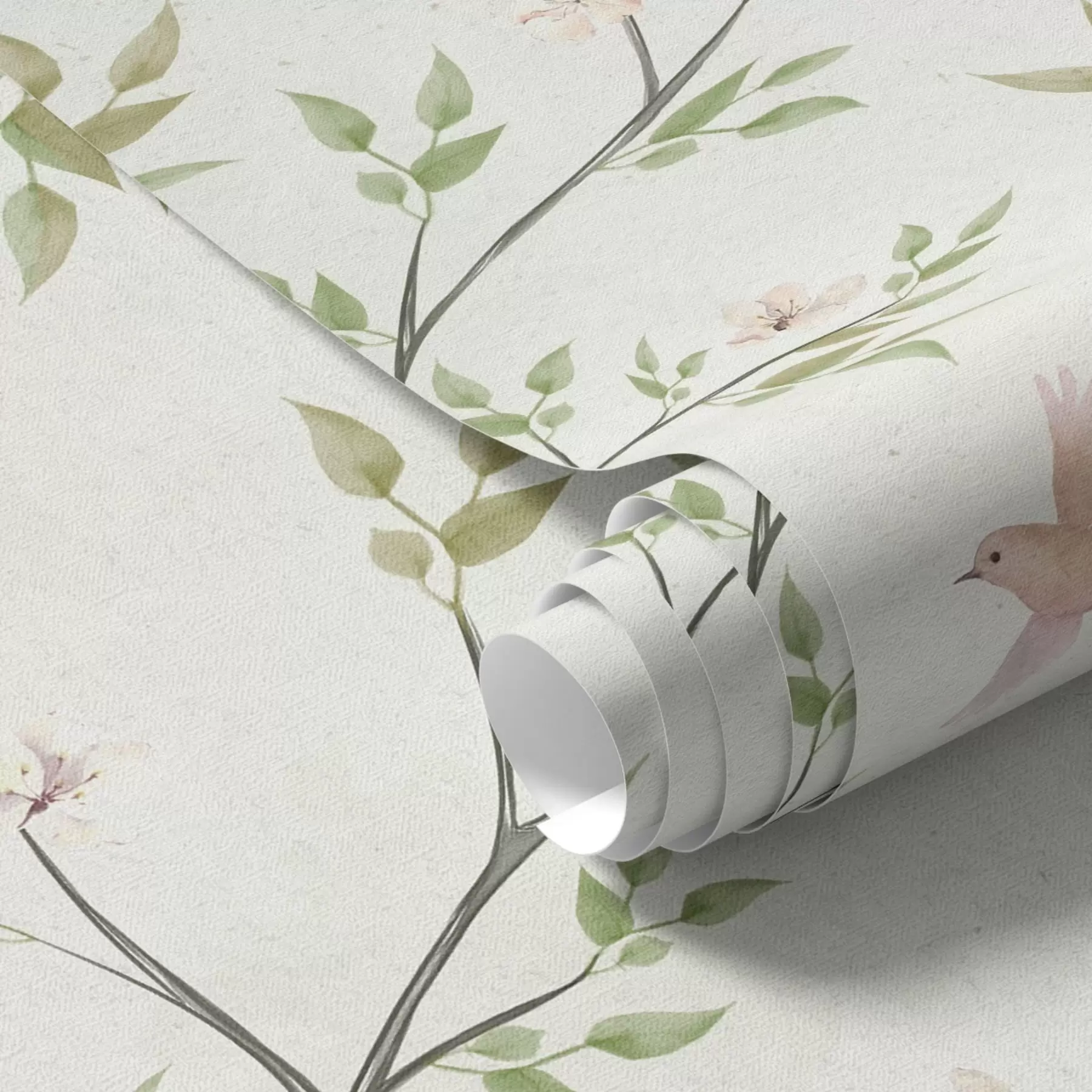 Papier peint photo Branches aquarellées avec feuilles et oiseaux sur fond clair a00496