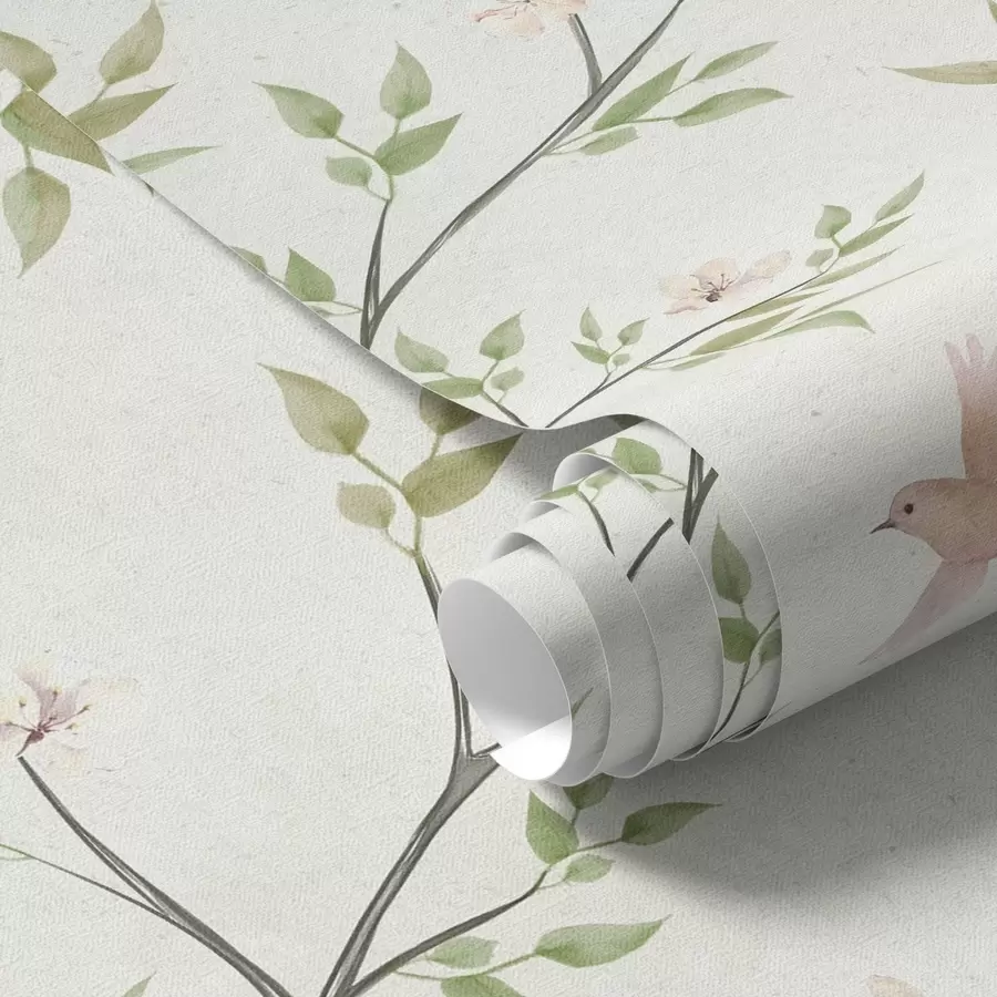 Papier peint photo Branches aquarellées avec feuilles et oiseaux sur fond clair a00496