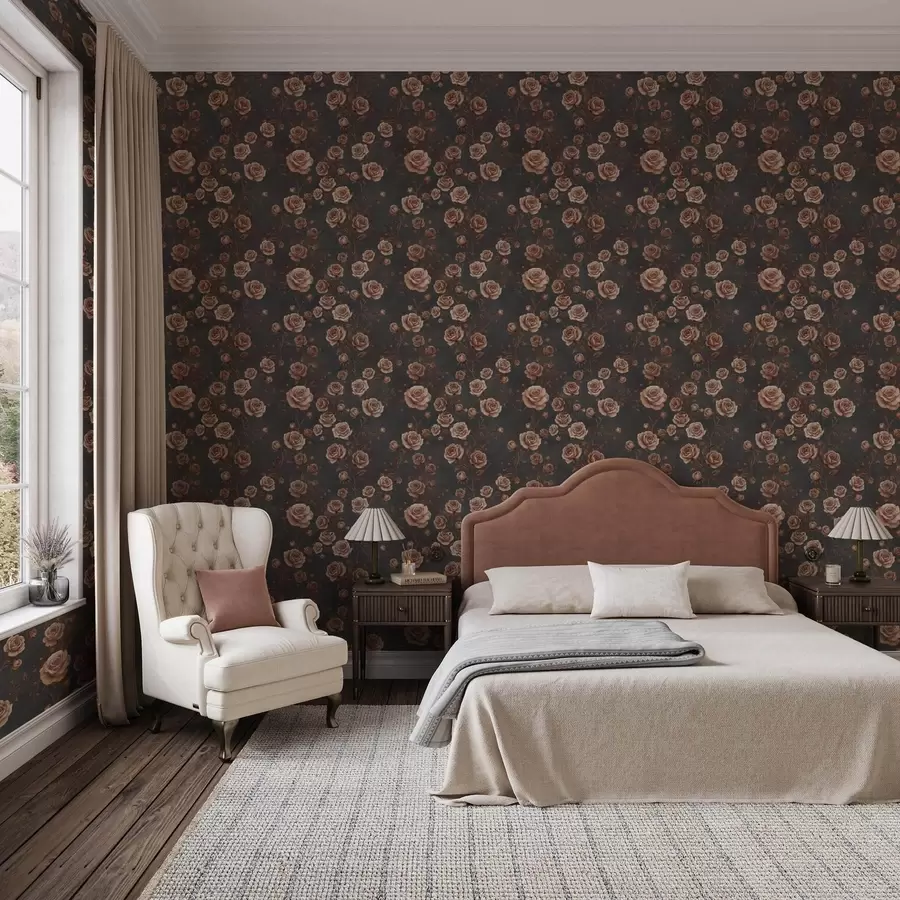 Papier peint photo Roses vintage sur fond graphite, palette terracotta a00497v1