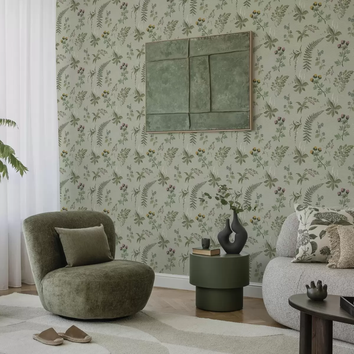 Papier peint Herbes botaniques et fougères sur fond gris-vert pâle a00498