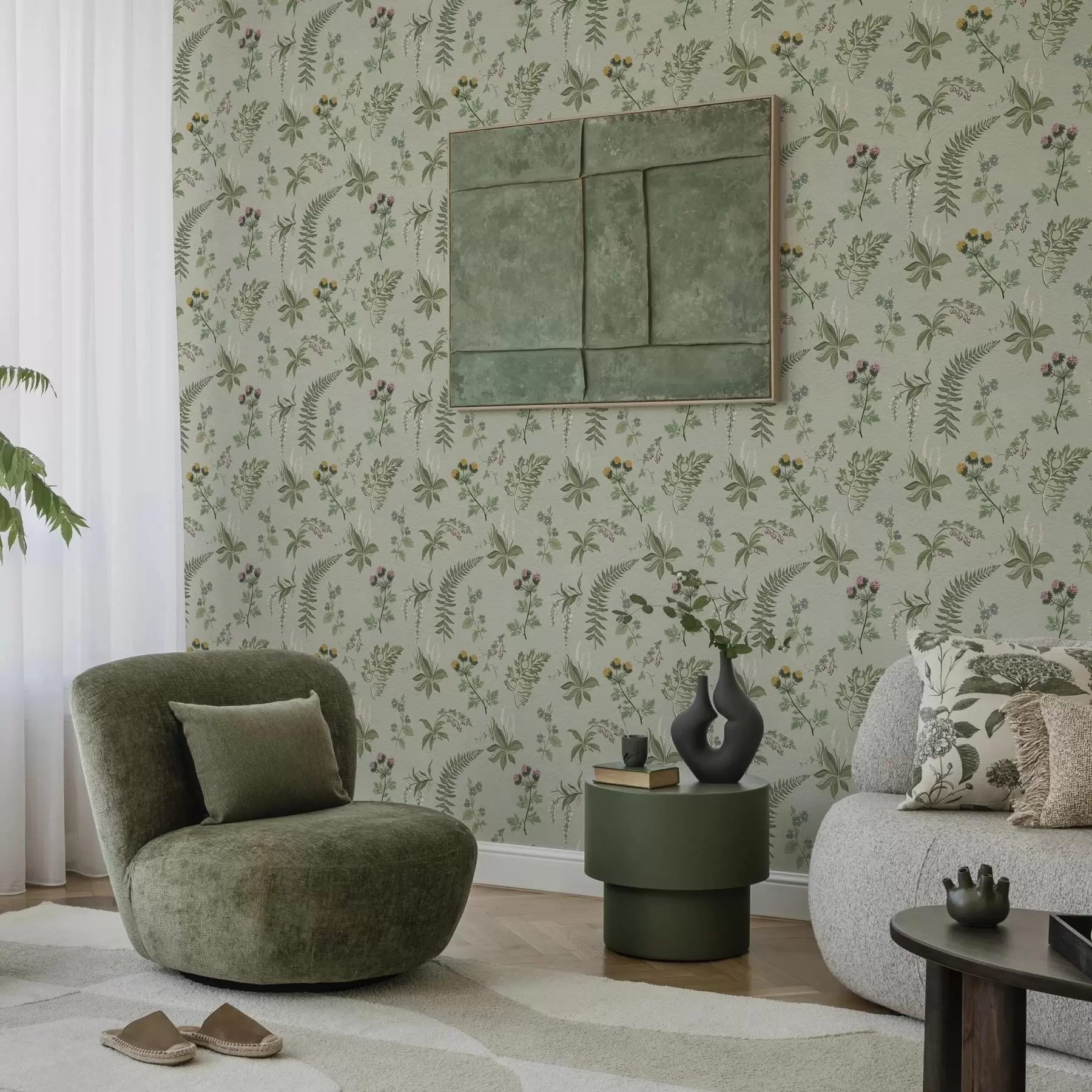 Papier peint photo Herbes botaniques et fougères sur fond gris-vert pâle a00498