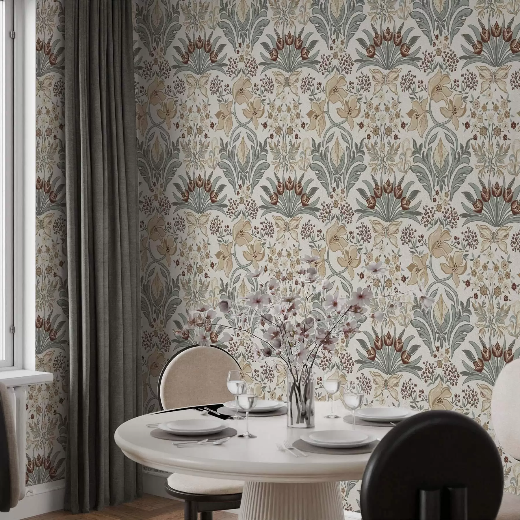 Fotobehang Decoratieve lelies en een vlinder op een crèmekleurige achtergrond a00500