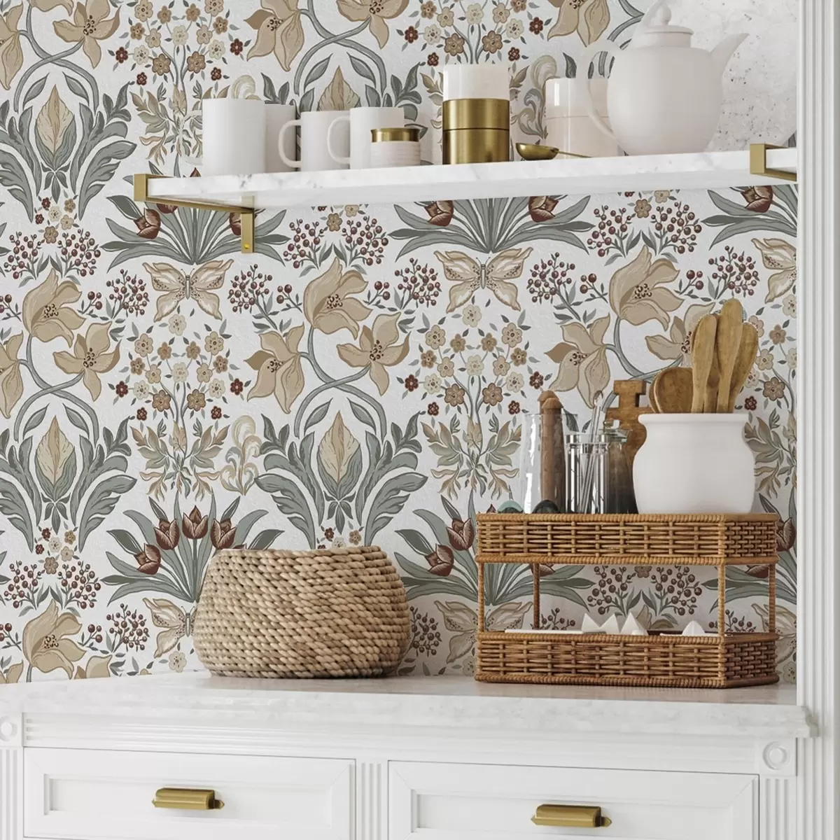 Papier peint Lys décoratifs et papillon sur fond blanc a00500v1