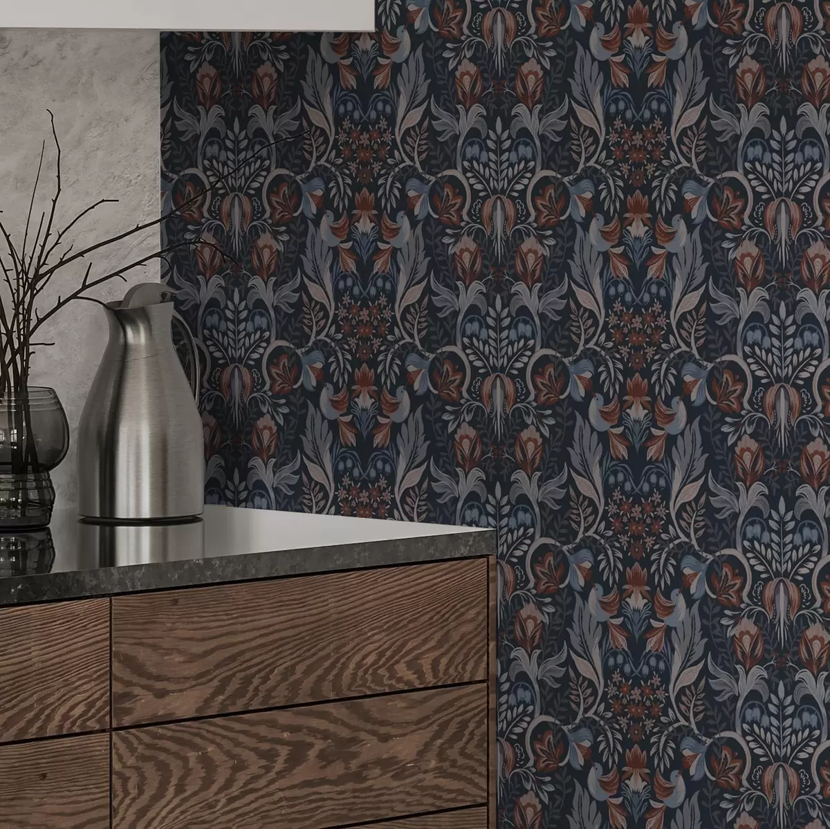 Papier peint Ornement folklorique avec des oiseaux, indigo foncé a00502v1