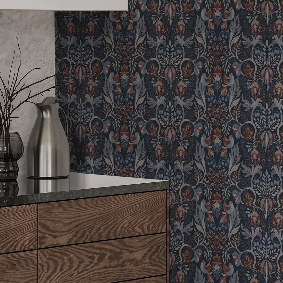 Fotobehang Volksornament met vogels, diep indigo a00502v1