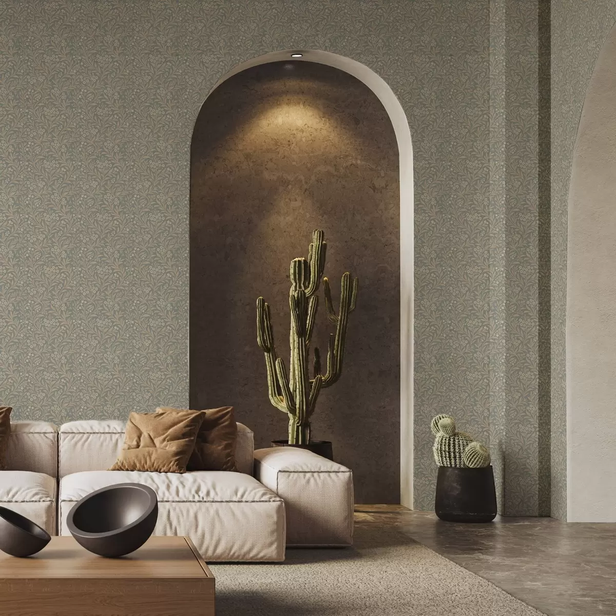 Behang Morris-stijl: beige takken op een grijsgroene achtergrond a00569