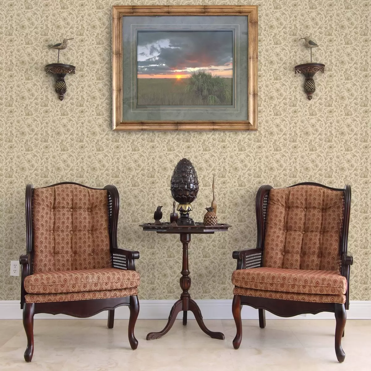 Papier peint Lapins et oiseaux dans un motif floral a00571