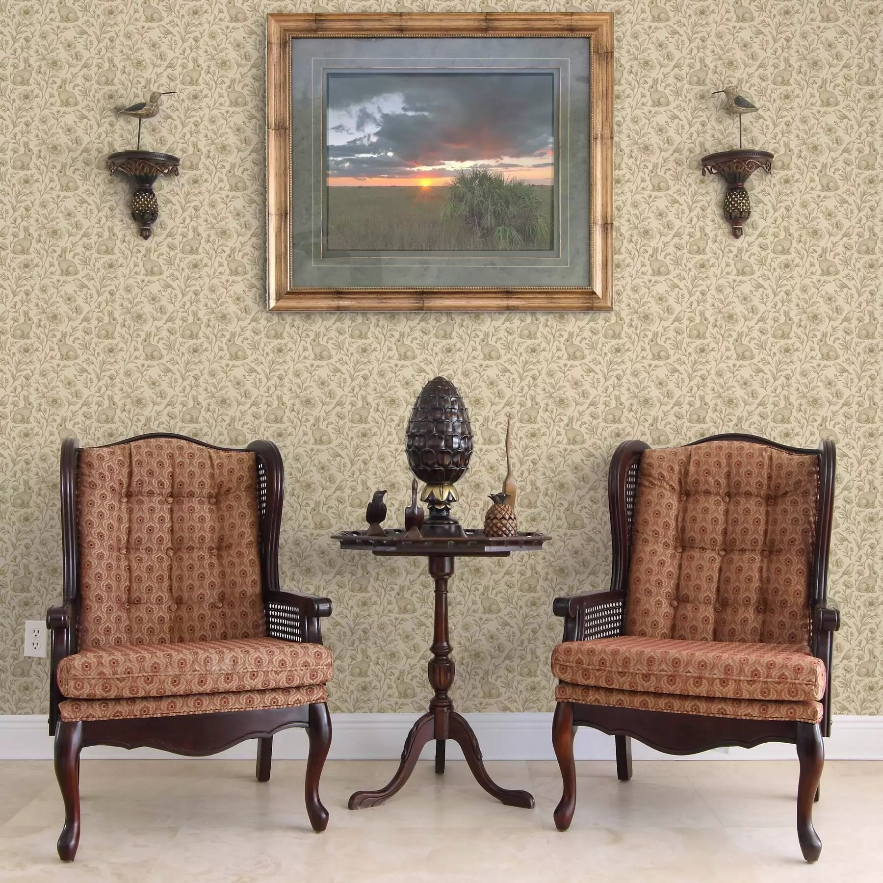 Fotobehang Konijnen en vogels in een bloemmotief a00571