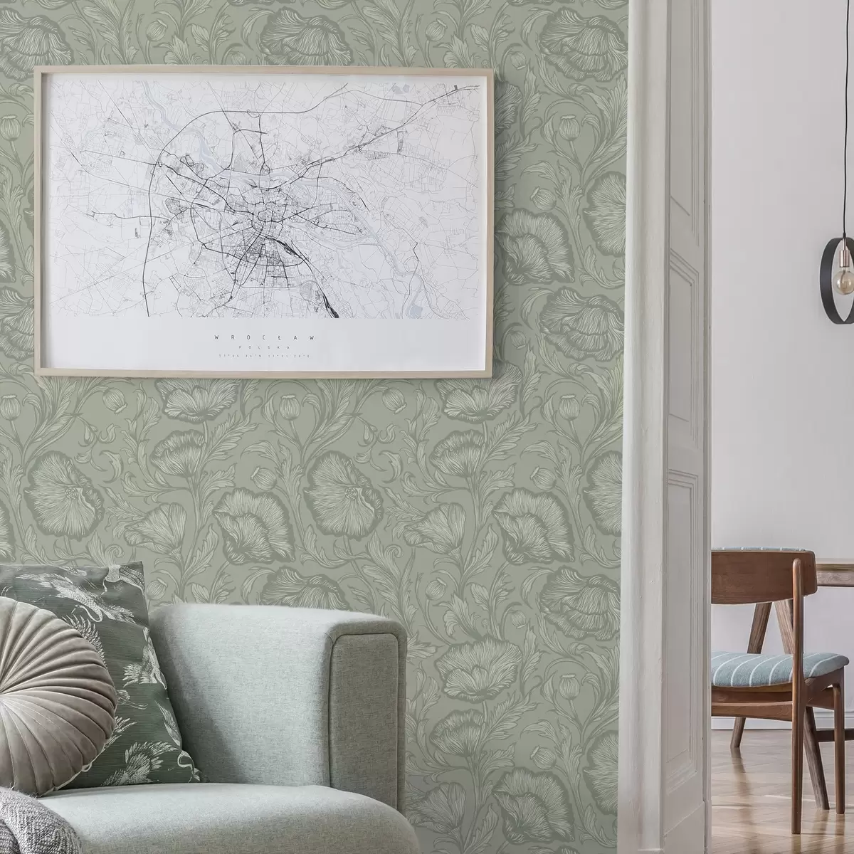 Papier peint Pavots au trait sur fond gris-vert a00572v1