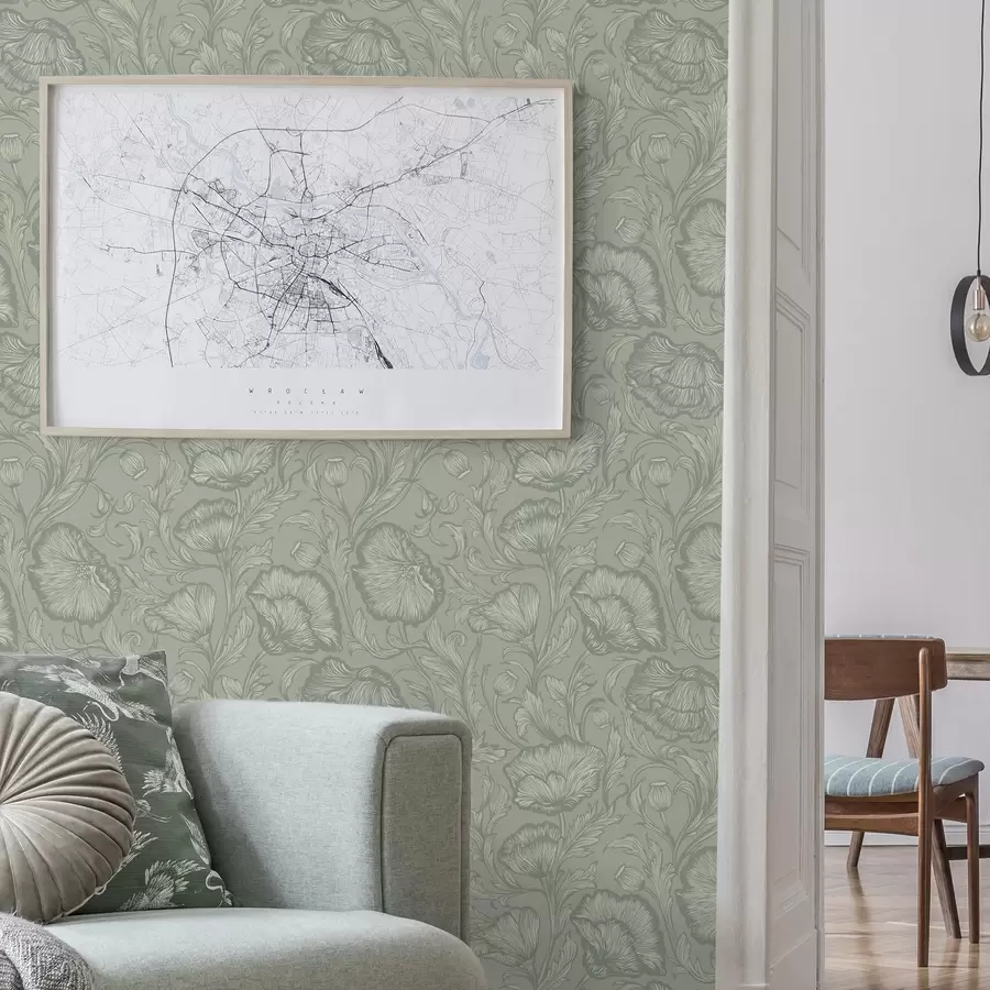 Papier peint photo Pavots au trait sur fond gris-vert a00572v1