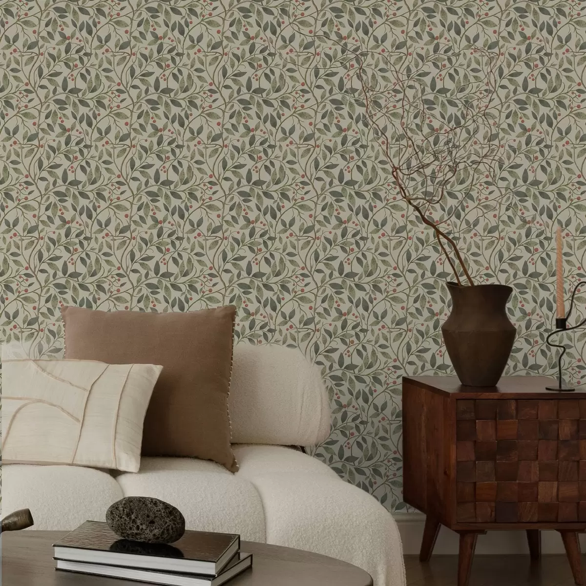 Behang Olijftakken met bessen op een warme, lichte achtergrond a00573