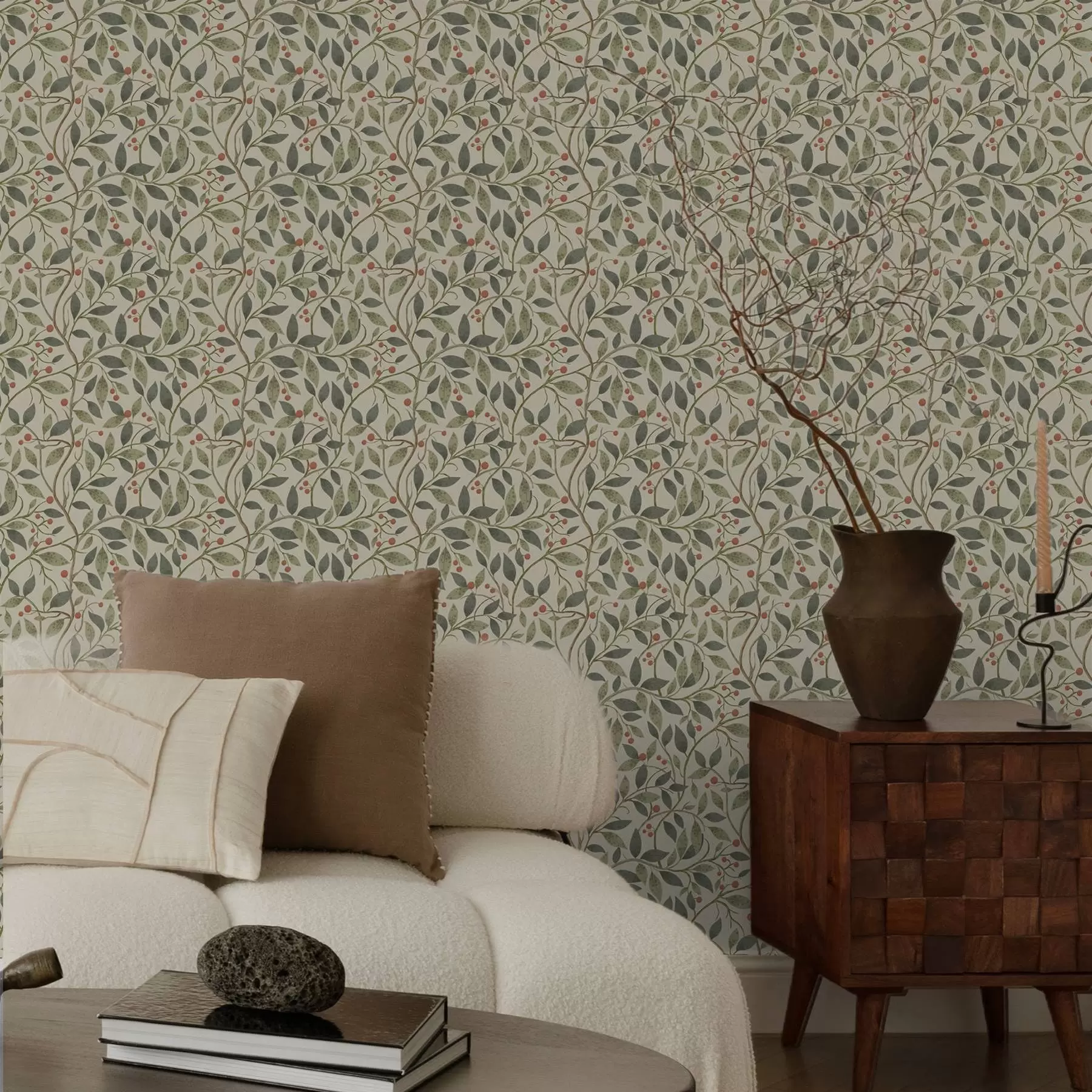 Papier peint photo Branches d'olivier avec des baies sur un fond clair et chaud a00573