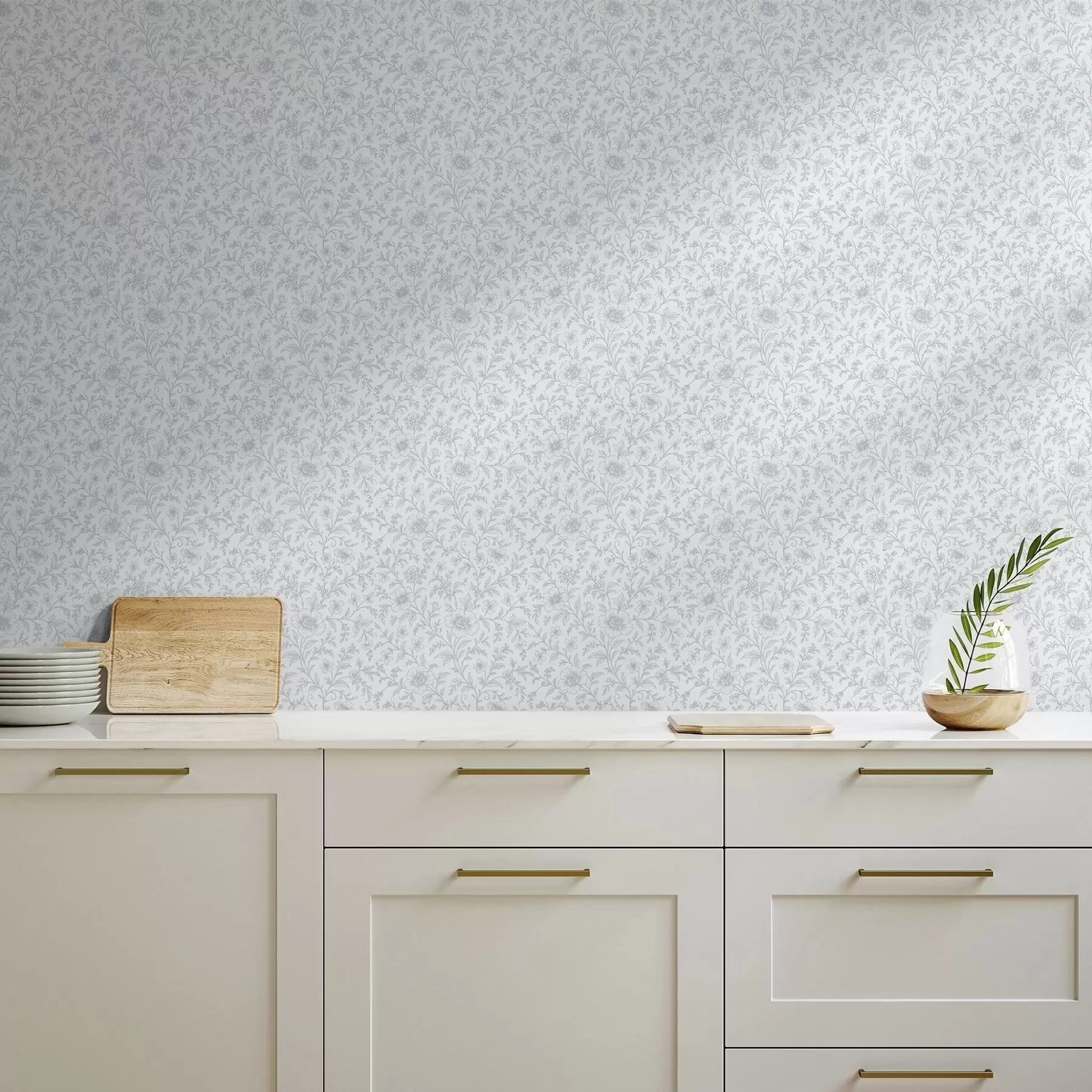 Papier peint photo Fines fleurs dessinées au trait bleu sur fond blanc cassé a00576