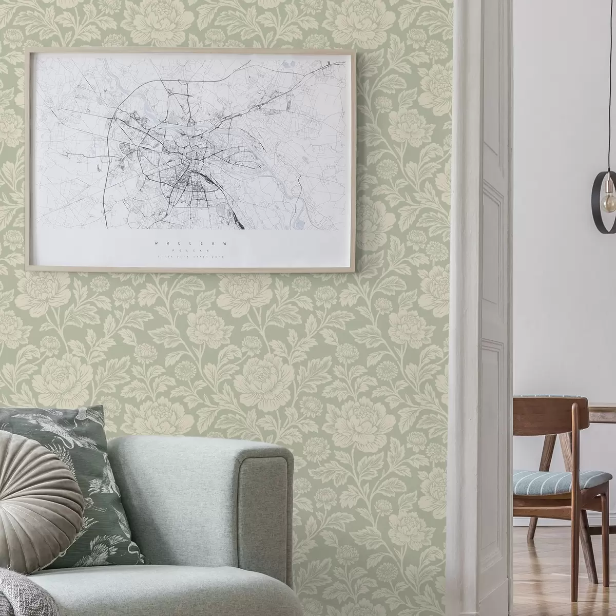 Behang Grote lijntekeningen van pioenrozen op een saliegroene achtergrond a00582