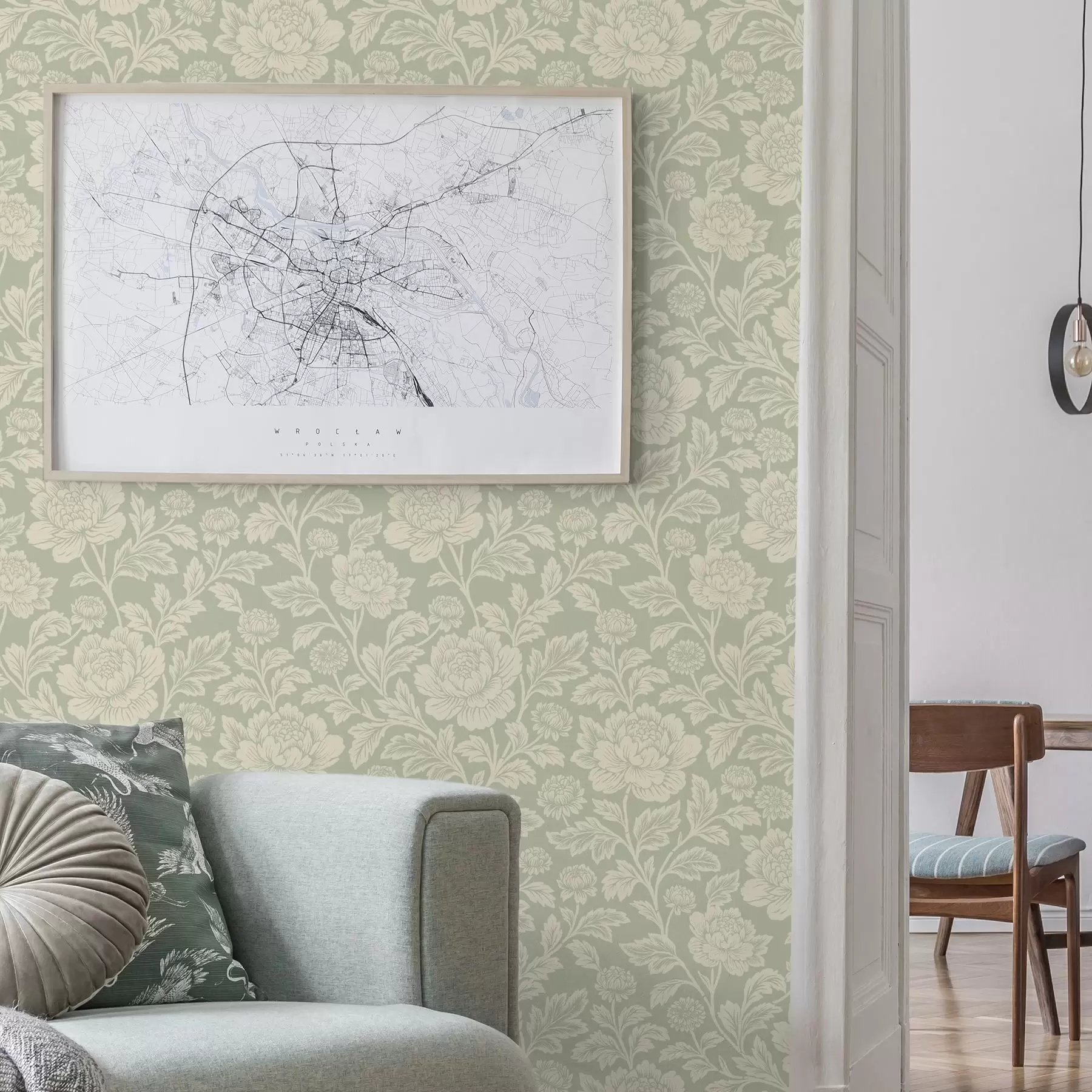 Fotobehang Grote lijntekeningen van pioenrozen op een saliegroene achtergrond a00582