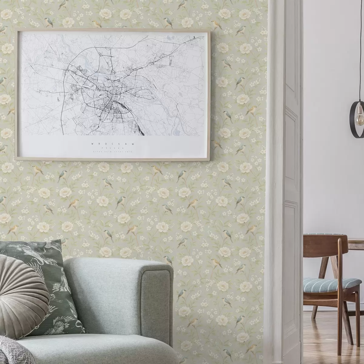 Papier peint Oiseaux parmi les fleurs blanches sur fond gris-vert a00583