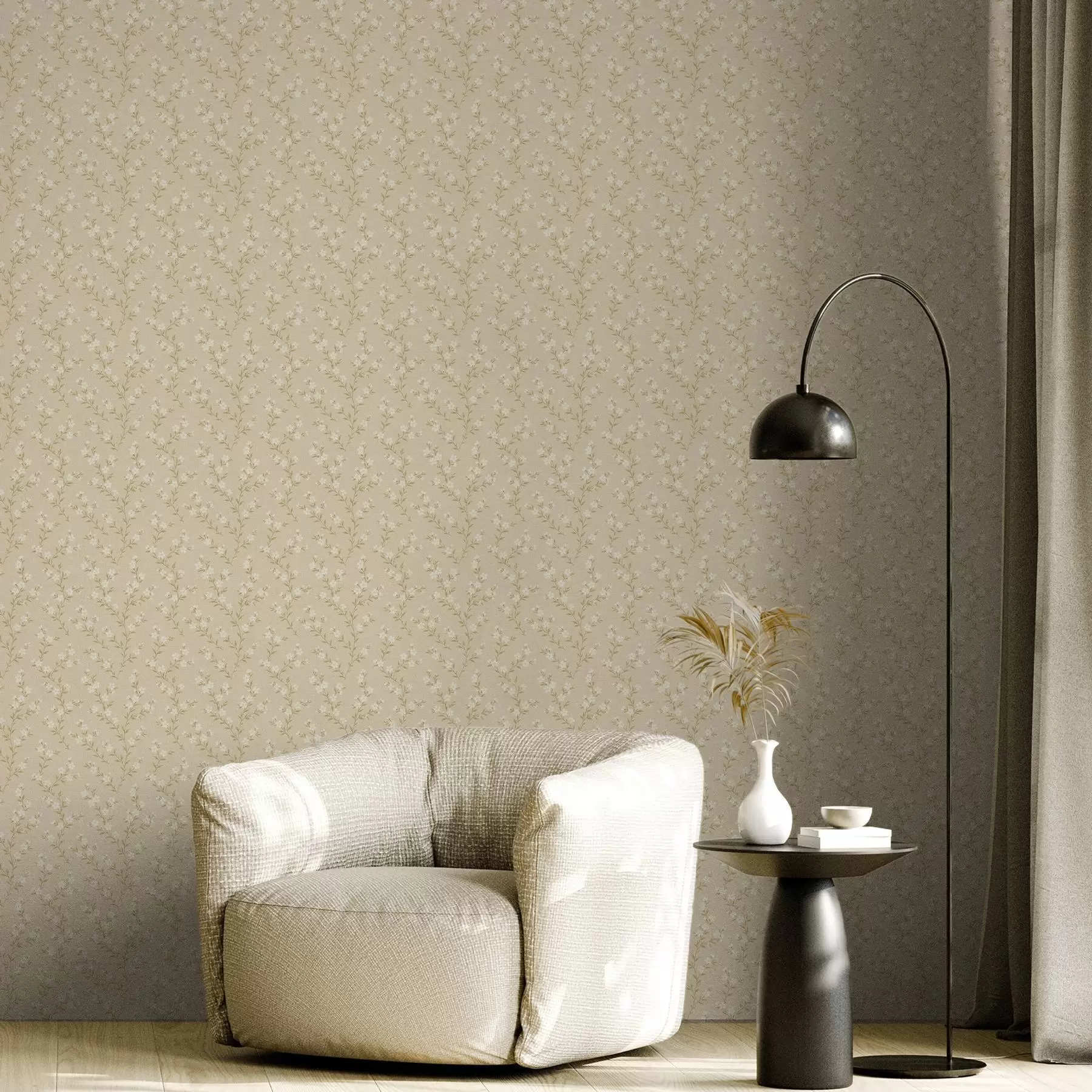 Papier peint photo Petites branches blanches sur fond de lin beige a00584