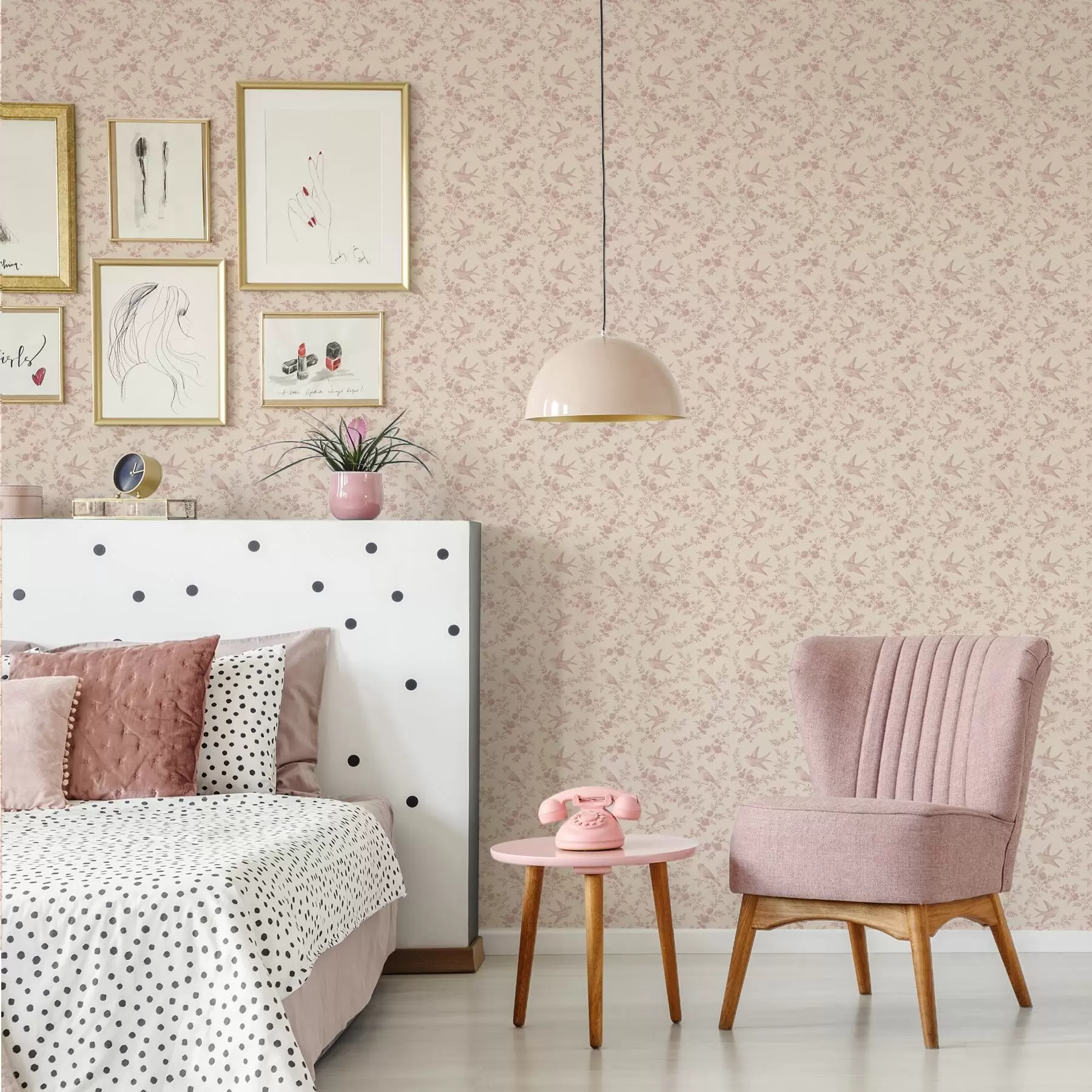 Papier peint photo Oiseaux et roses, motif vintage sur fond rose poudré a00587