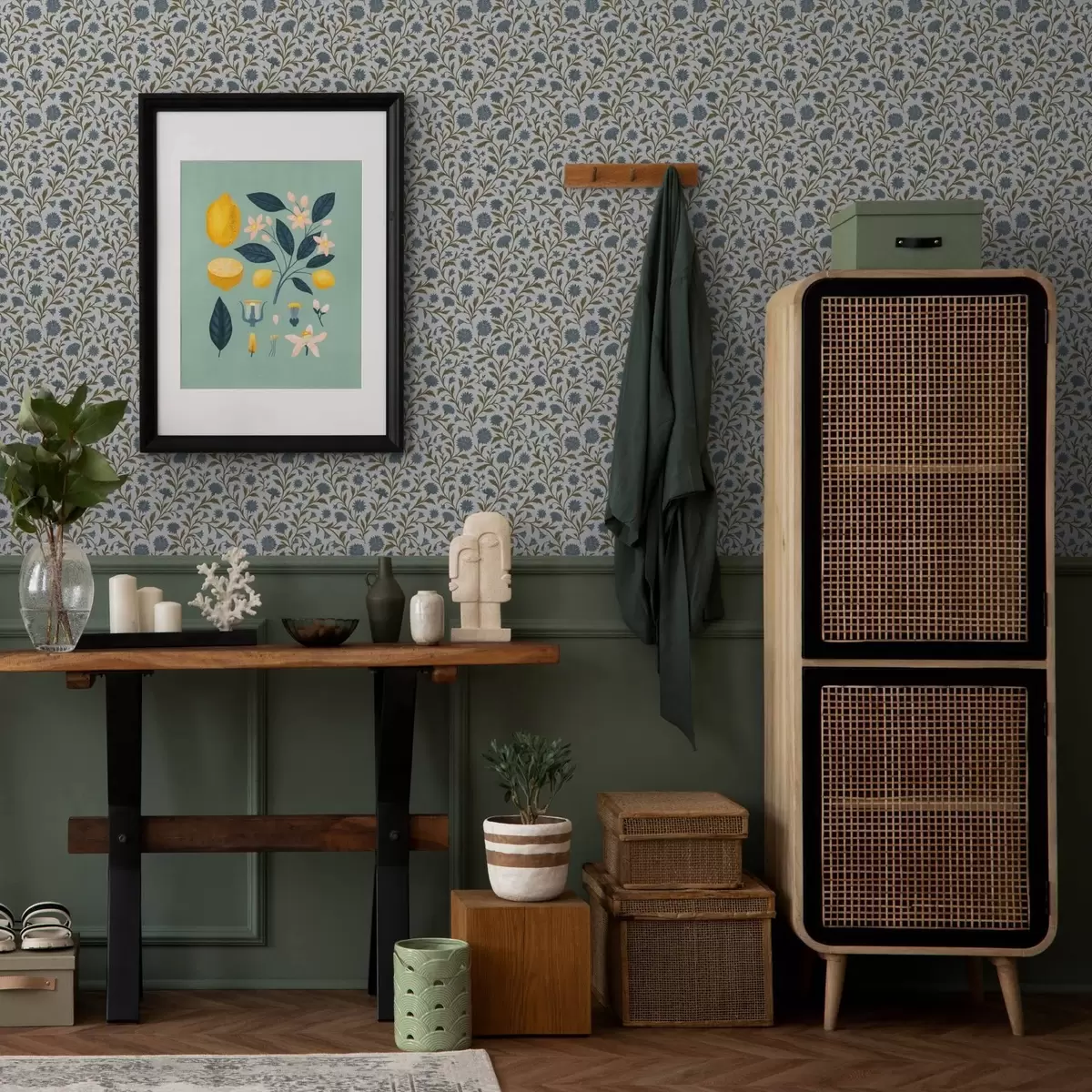 Papier peint Bleusets et pousses sur fond blanc a00588v1