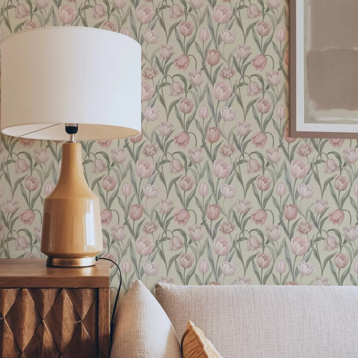 Behang Zachtroze tulpen op een zachte beige achtergrond a00589