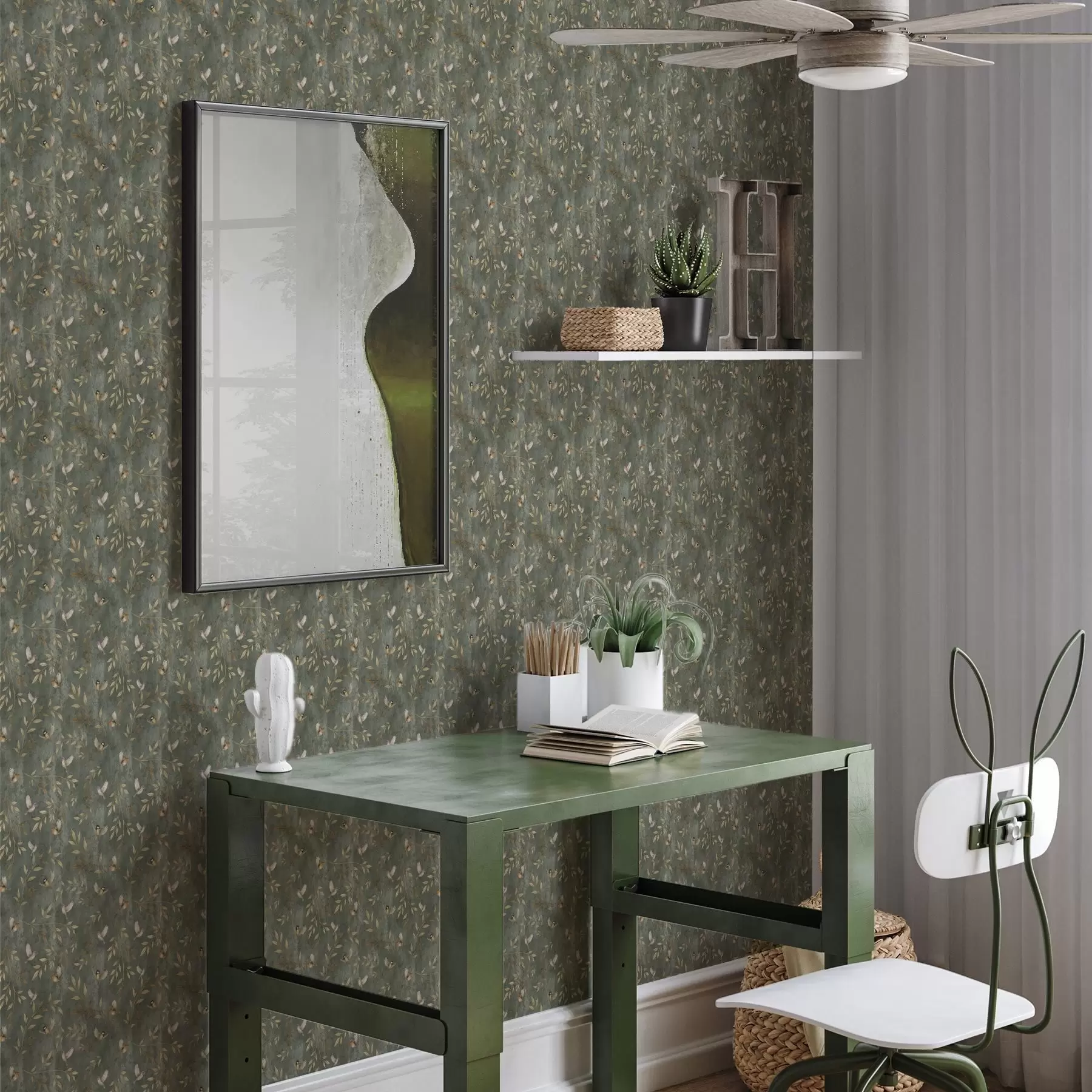 Fotobehang Vogels in oranje gebladerte op een diepgroene achtergrond a00591