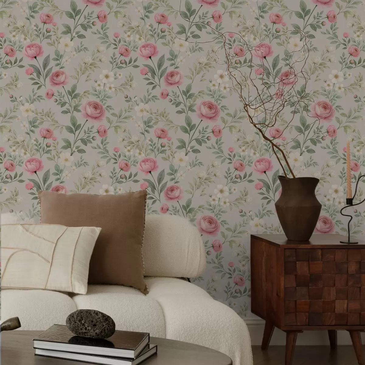 Papier peint Pivoines aquarellées et fleurs blanches sur fond gris-beige a00592