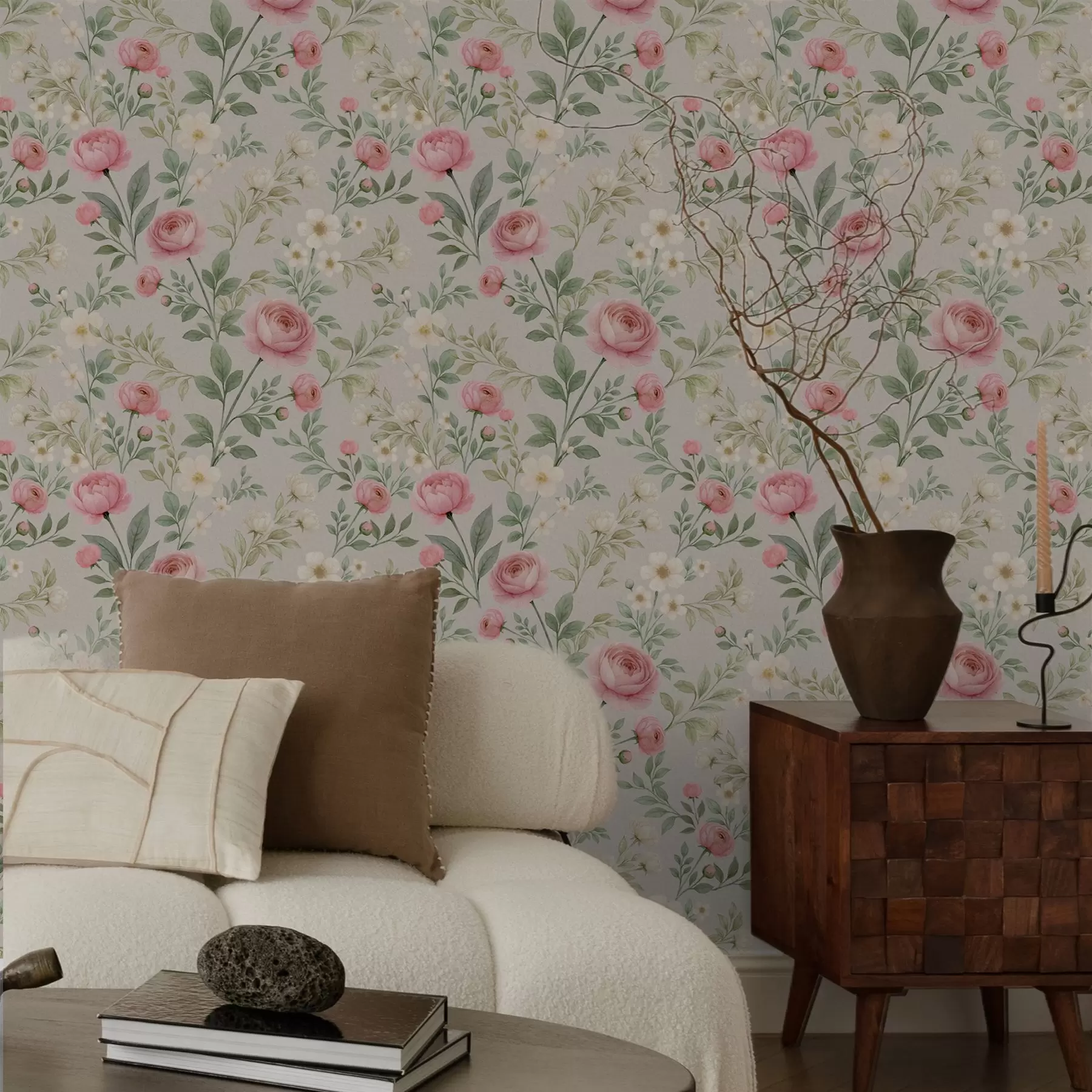 Papier peint photo Pivoines aquarellées et fleurs blanches sur fond gris-beige a00592