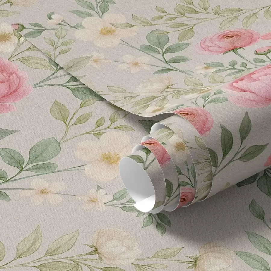 Papier peint photo Pivoines aquarellées et fleurs blanches sur fond gris-beige a00592