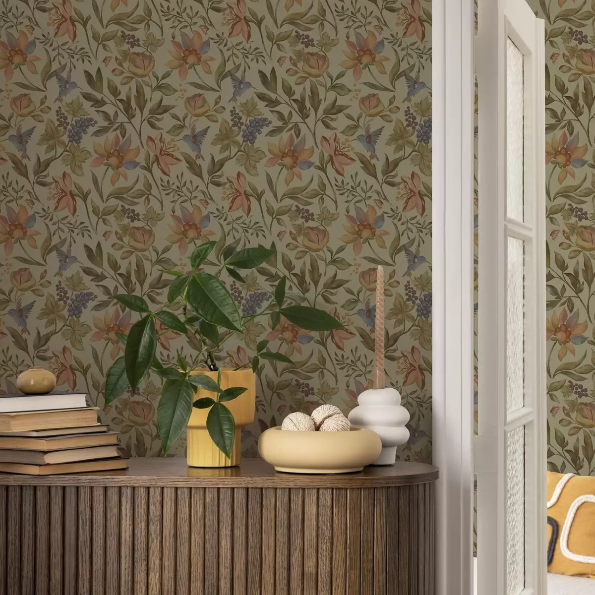 Behang Vintage bloemen en vogels met druiven op een olijfgroene achtergrond a00594