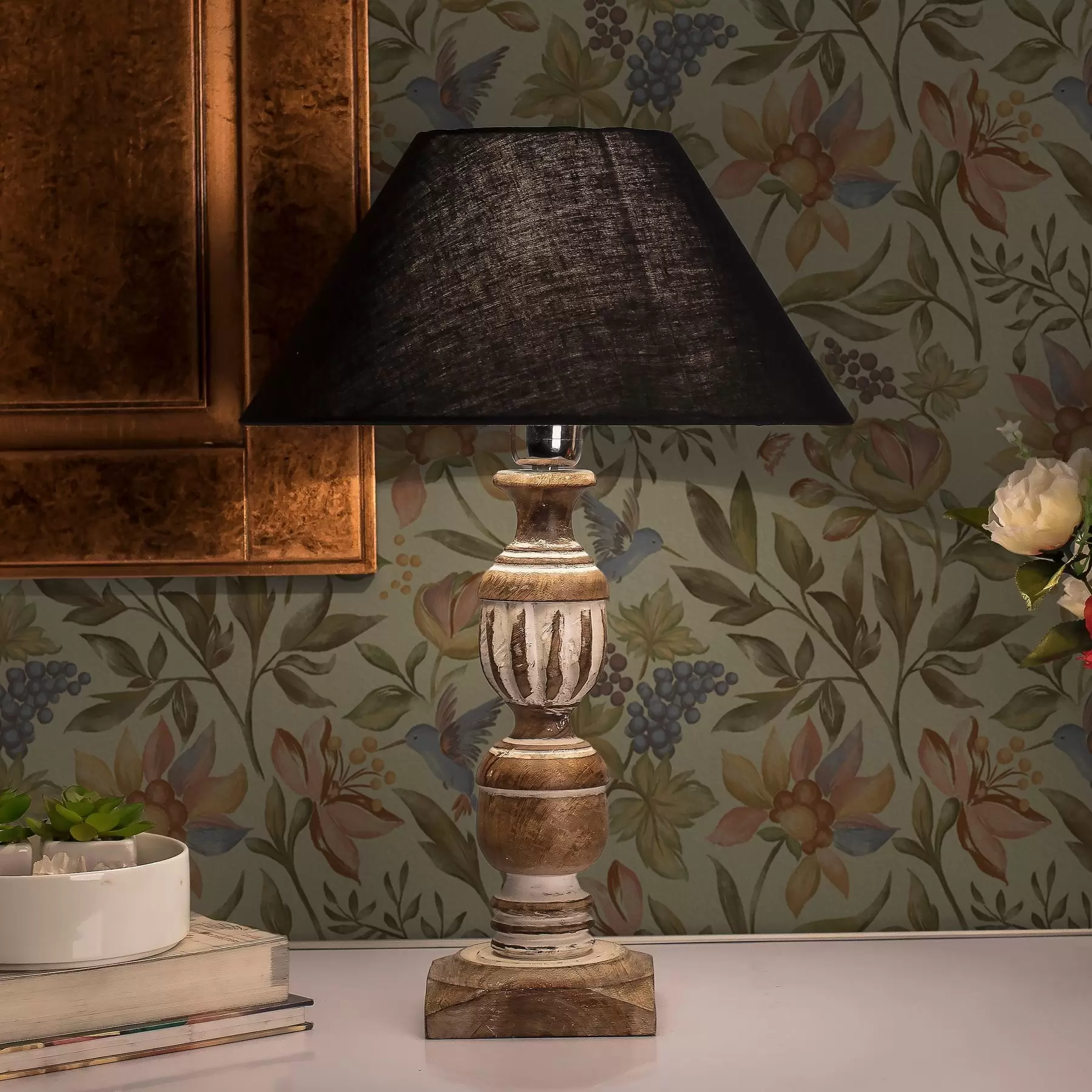 Fotobehang Vintage bloemen en vogels met druiven op een olijfgroene achtergrond a00594