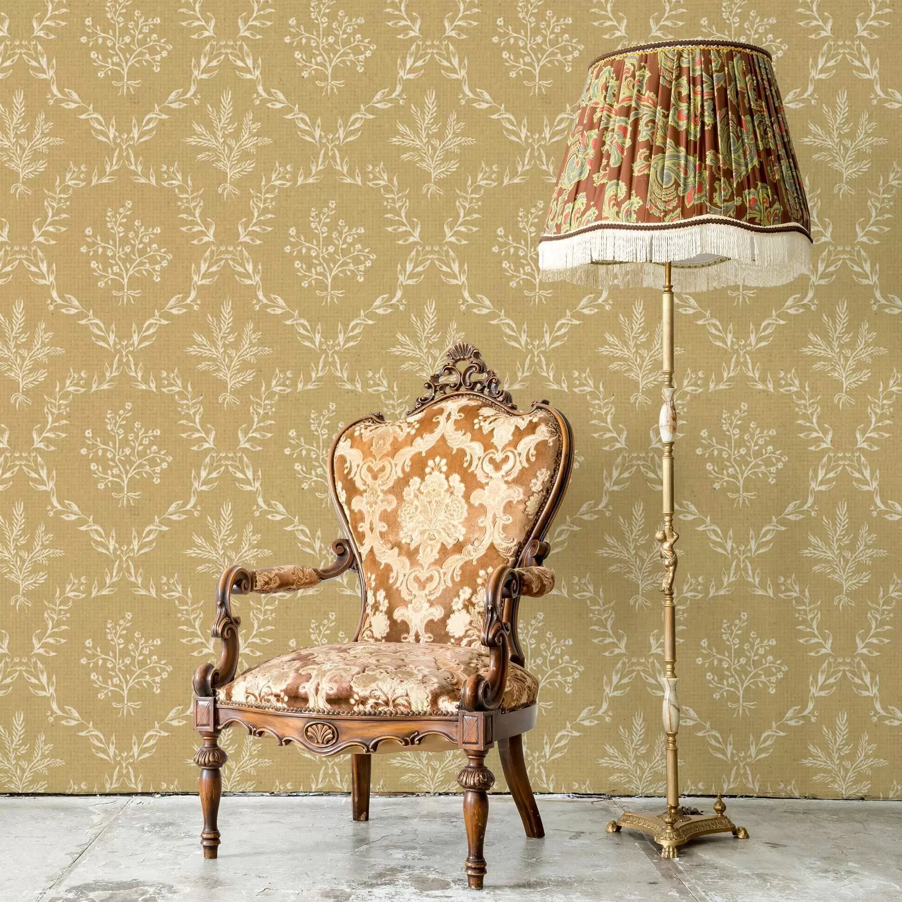 Fotobehang Witte kransen van kruiden en bloemen op een mosterdkleurige achtergrond a00599