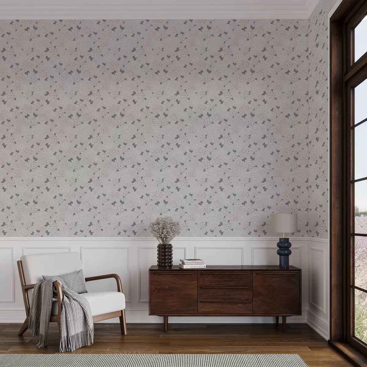 Behang Luchtige bloesems op een lichte achtergrond, zachte roze-grijze tinten a00600