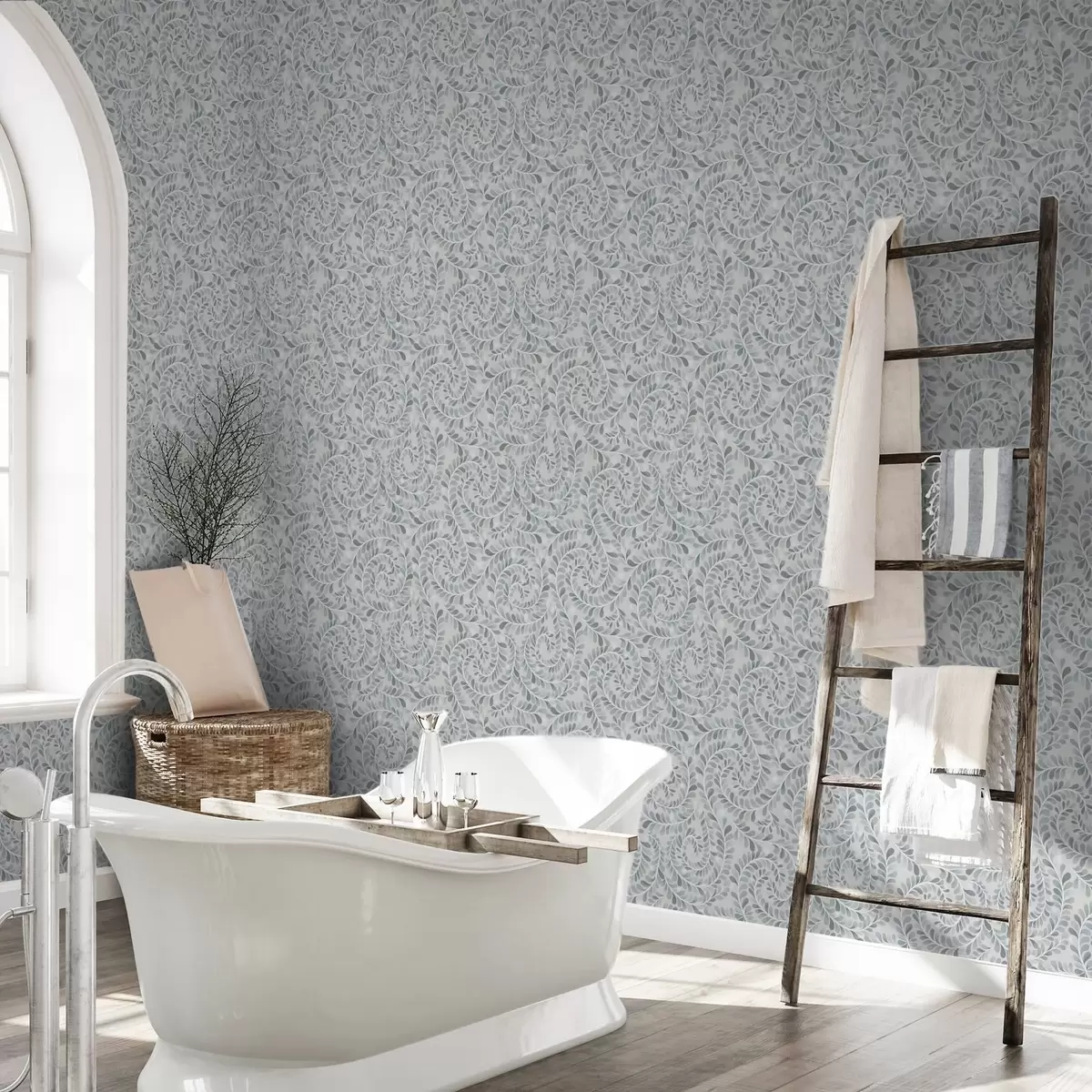 Behang Spiraalvormige bladeren in een blauw-grijs-groen kleurenpalet a00602