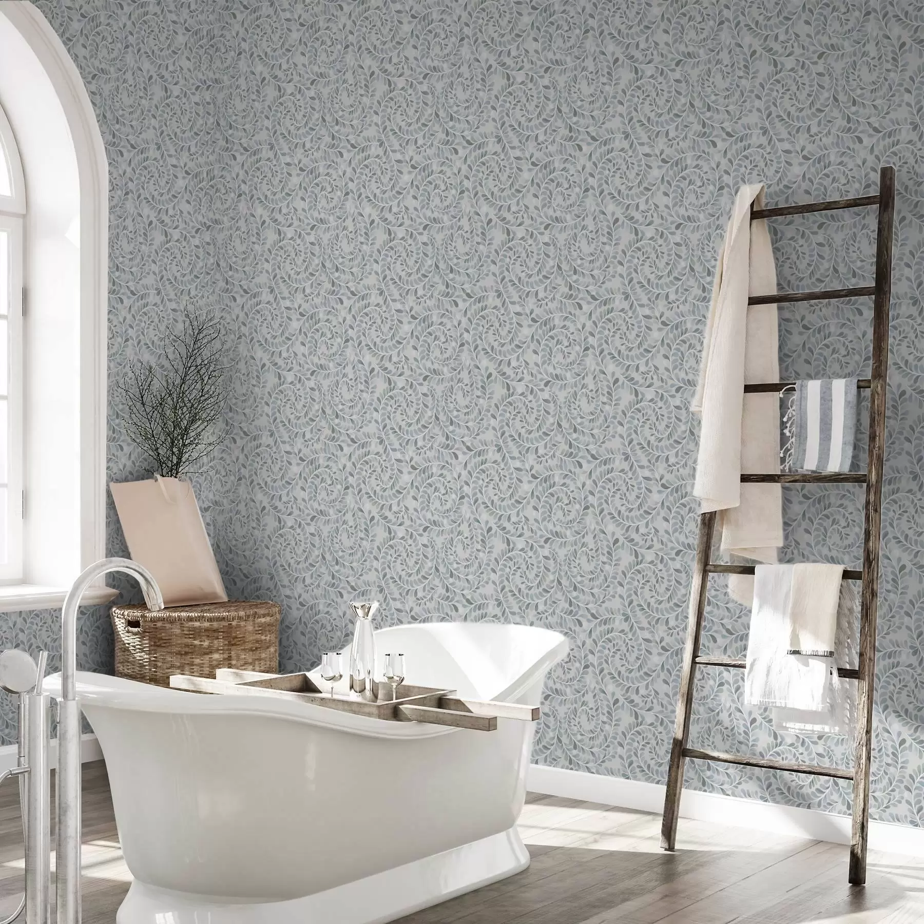 Fotobehang Spiraalvormige bladeren in een blauw-grijs-groen kleurenpalet a00602