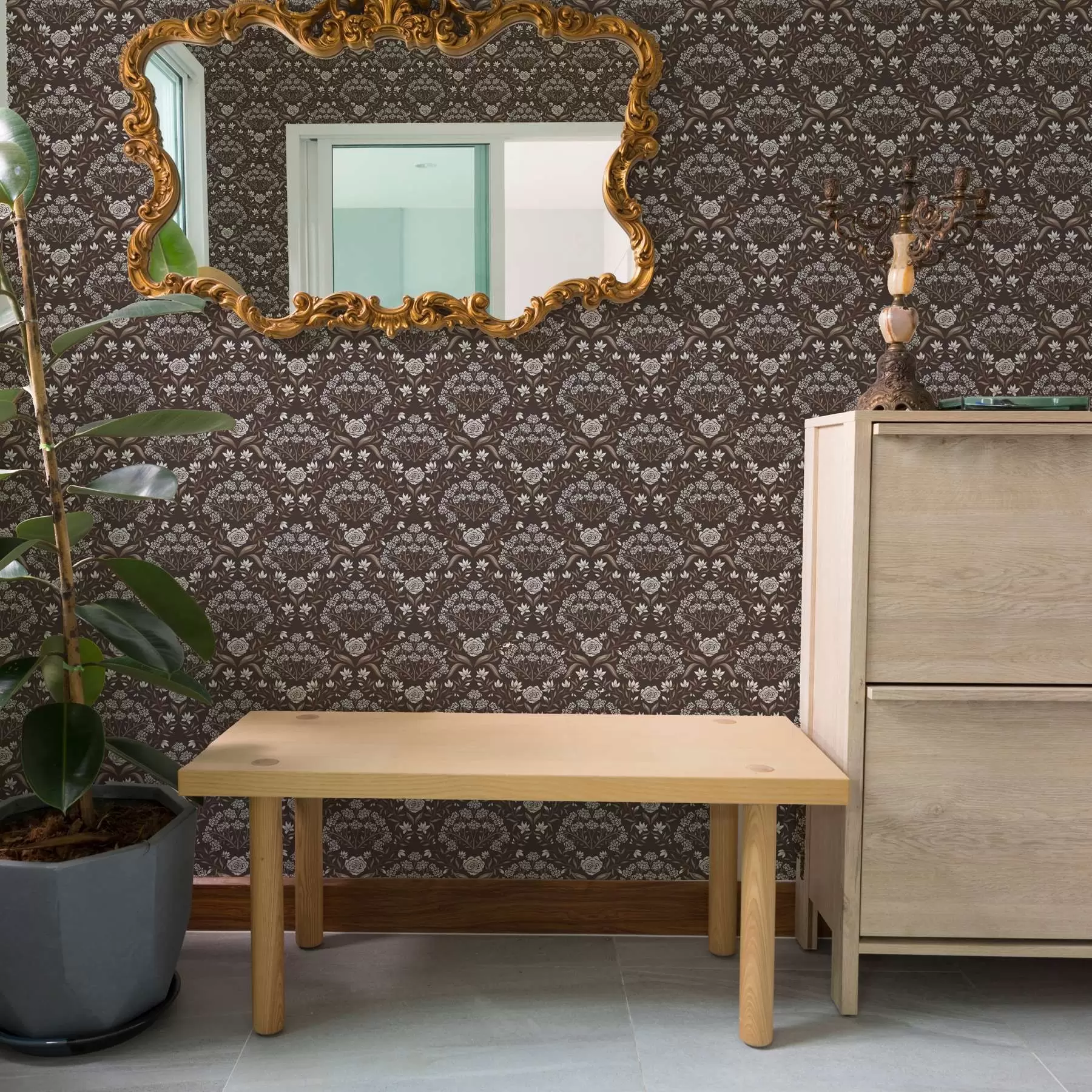 Papier peint photo Damassé chocolat noir avec pivoines et perce-neige a00603v2