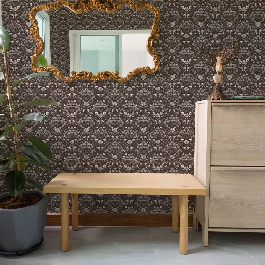 Papier peint photo Damassé chocolat noir avec pivoines et perce-neige a00603v2