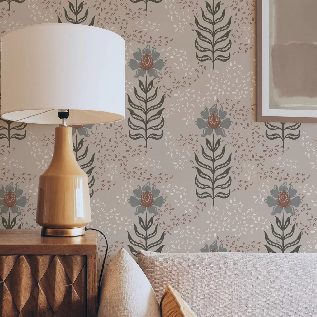 Behang Gestileerde bloemen en zaden op warm beige a00604