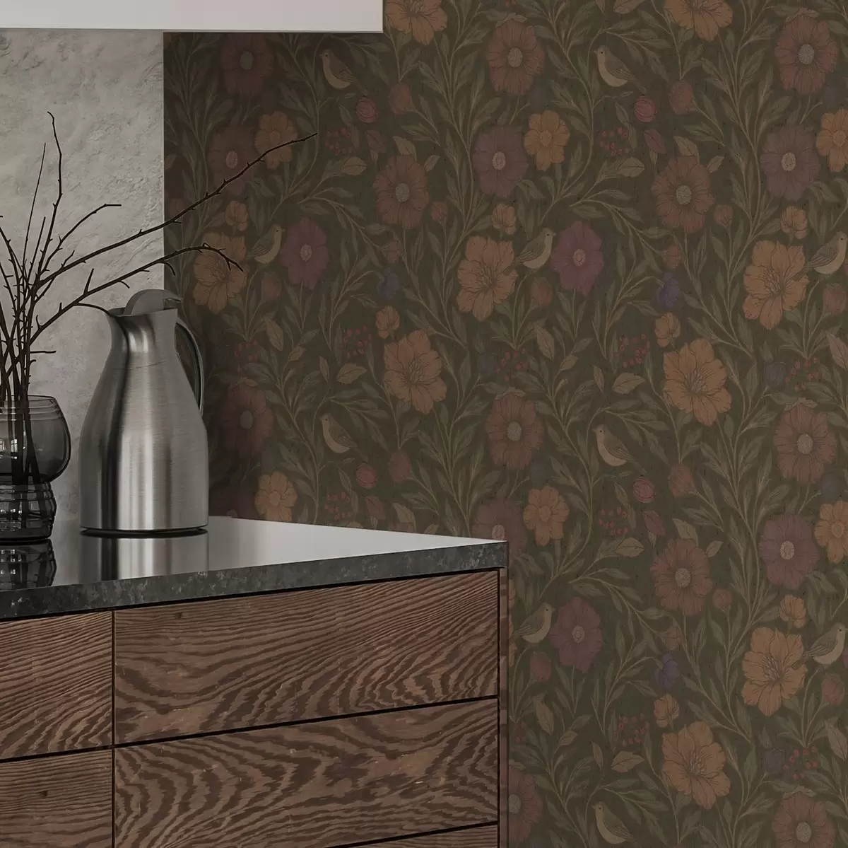 Behang Herfstbloemen en vogels op olijfbruine achtergrond a00605