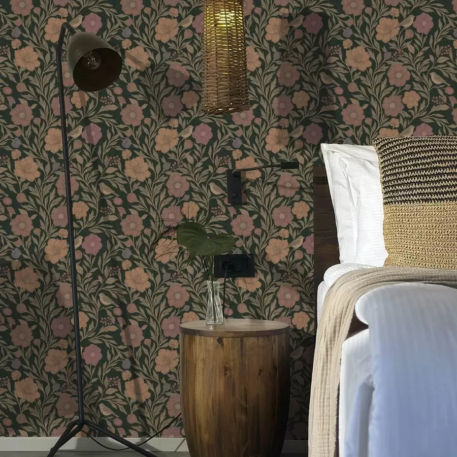 Papier peint photo Fleurs d'automne et oiseaux sur fond émeraude profond a00605v1