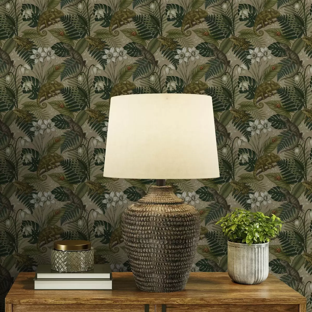 Papier peint Caméléons et feuilles tropicales, fleurs blanches, fond beige a00608